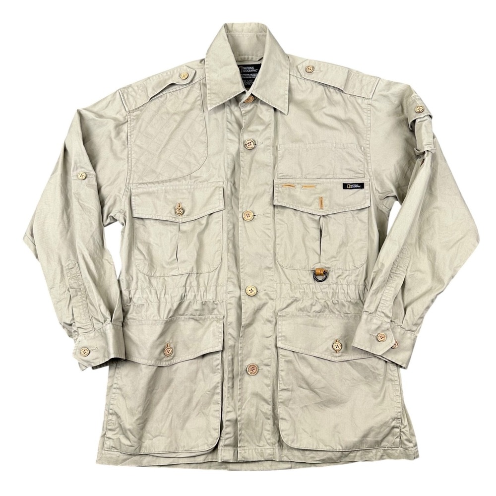 National Geographic Safari Field Jacket Mens Medium Khaki Tan Pockets Vented